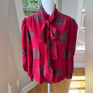 Vintage Ernst Strauss Red Silk Graphic Printed Tie Neck Puff Sleeve Blouse Sz 8